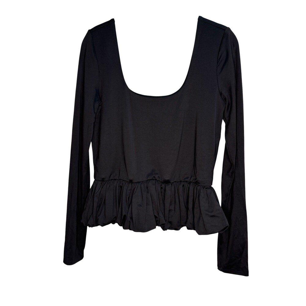 Loeffler Randall Shirt Womens Medium Black Scoop Neck Ruffle Long Sleeve Top